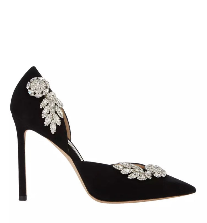 JIMMY CHOO TEJA 100 CRYSTAL EMBELISHED SUEDE PUMPS