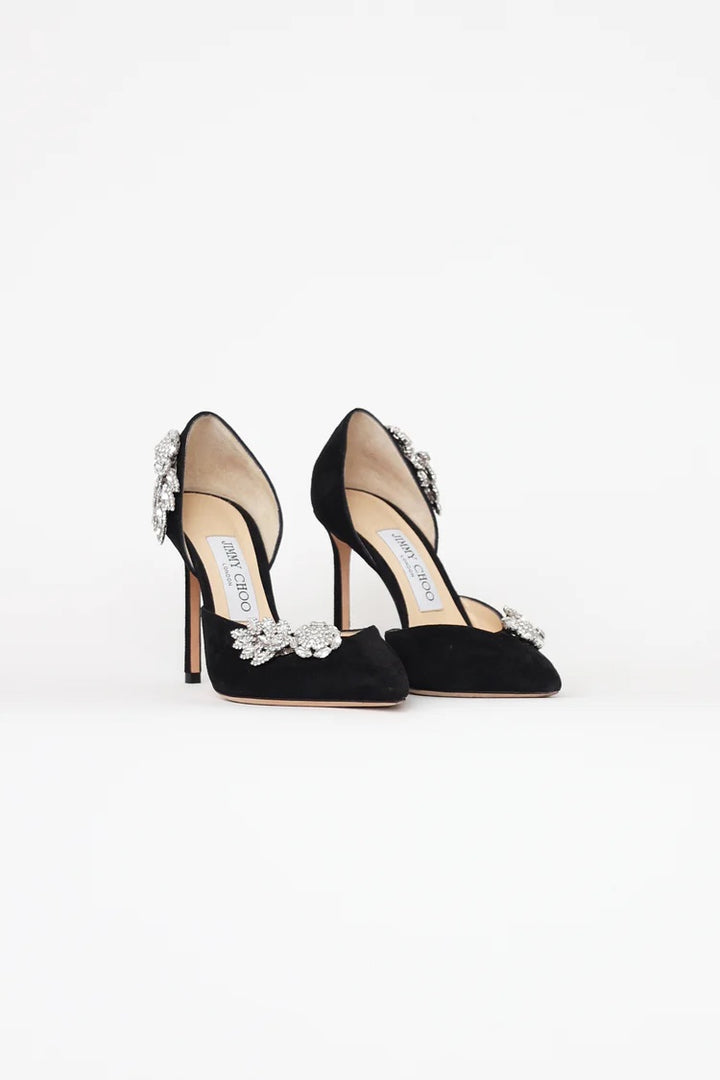 JIMMY CHOO TEJA 100 CRYSTAL EMBELISHED SUEDE PUMPS