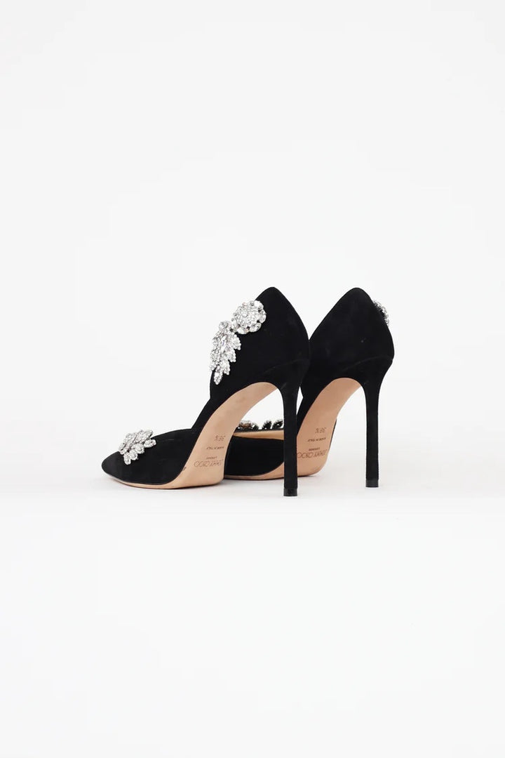 JIMMY CHOO TEJA 100 CRYSTAL EMBELISHED SUEDE PUMPS
