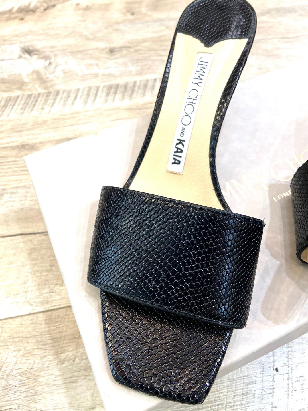 JIMMY CHOO X KAIA K EMBOSSED LEATHER SLIDE SANDALS