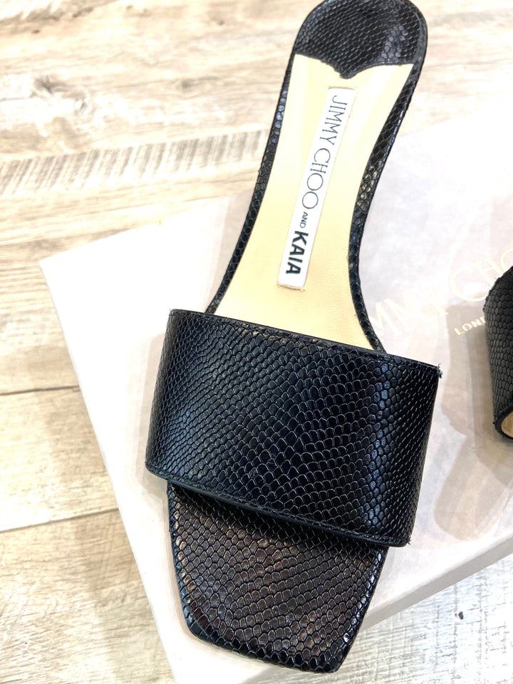 JIMMY CHOO X KAIA K EMBOSSED LEATHER SLIDE SANDALS