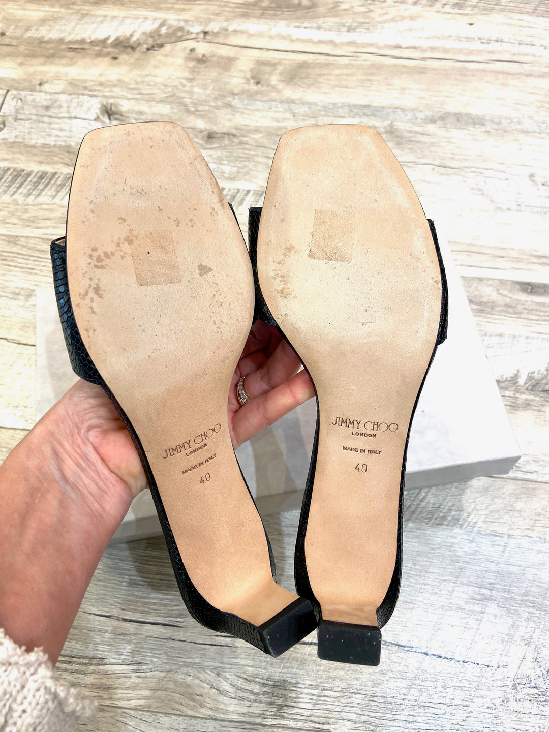 JIMMY CHOO X KAIA K EMBOSSED LEATHER SLIDE SANDALS – Caroline's