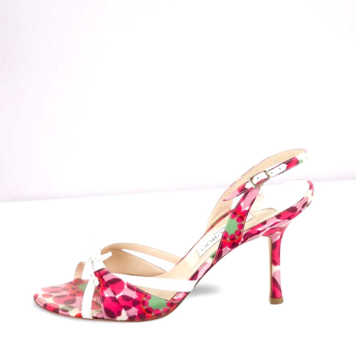 JIMMY CHOO SILK &amp; LEATHER FLORAL SLINGBACK SANDALS