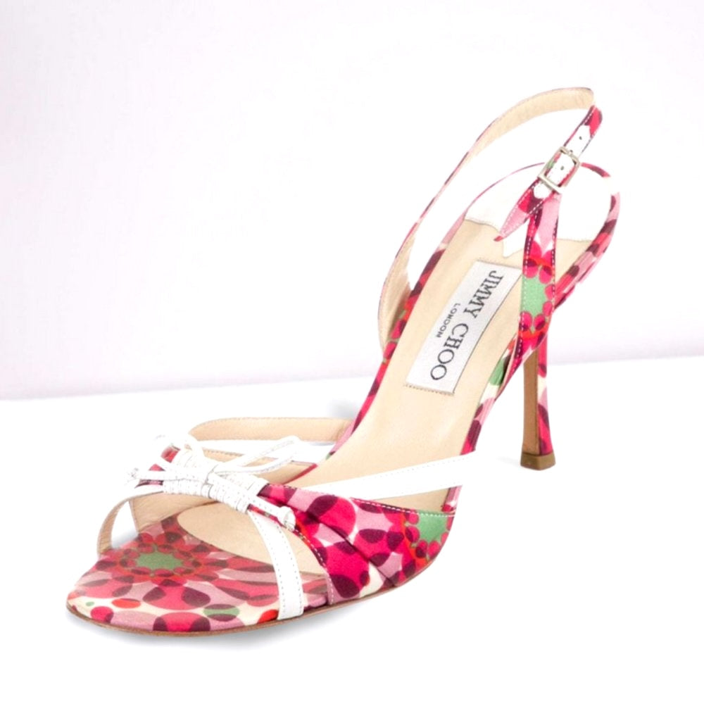 JIMMY CHOO SILK &amp; LEATHER FLORAL SLINGBACK SANDALS