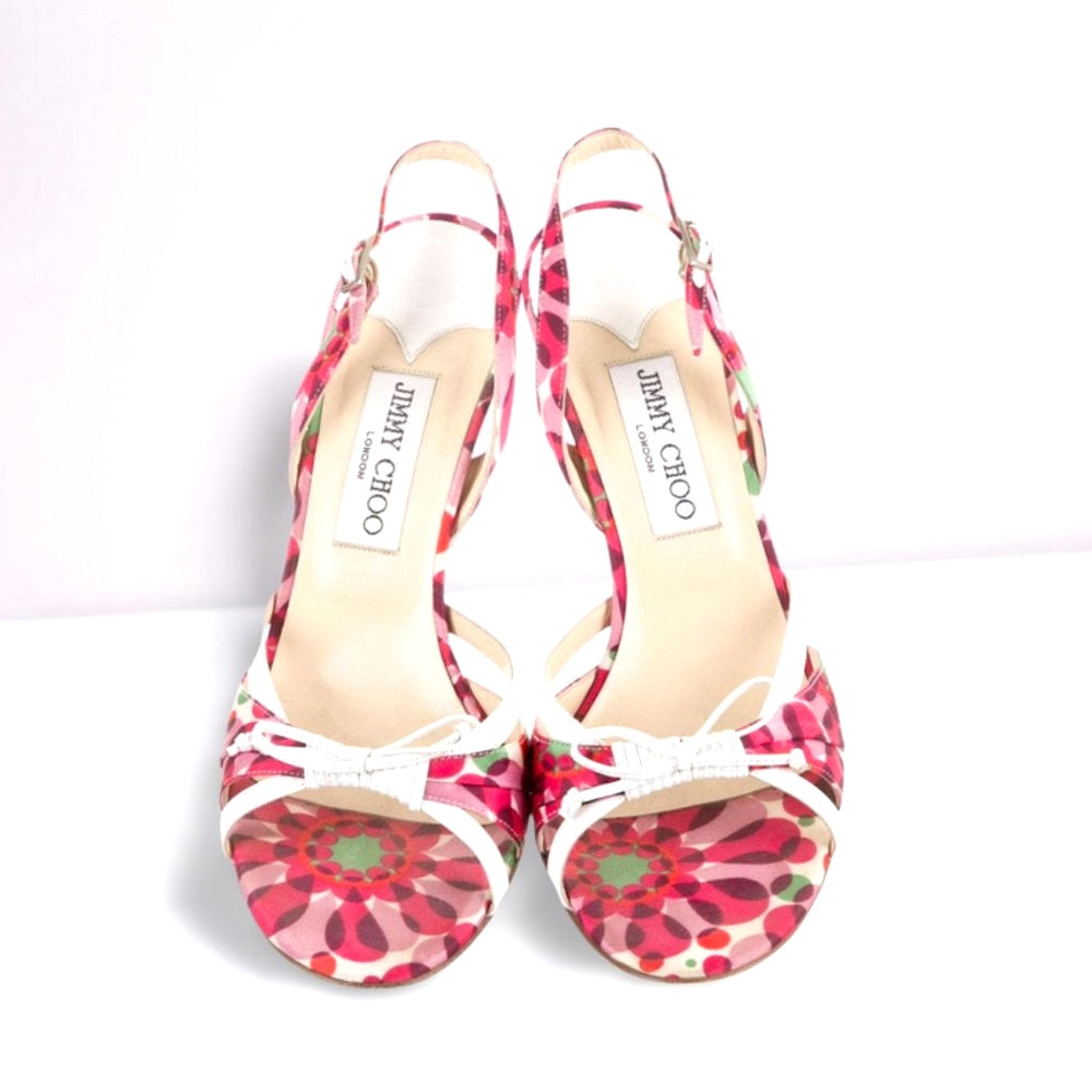 JIMMY CHOO SILK &amp; LEATHER FLORAL SLINGBACK SANDALS