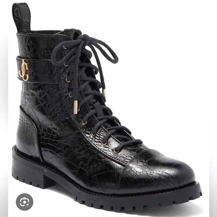 JIMMY CHOO CAYO CROC EMBOSSED CALFSKIN LEATHER COMBAT BOOTS