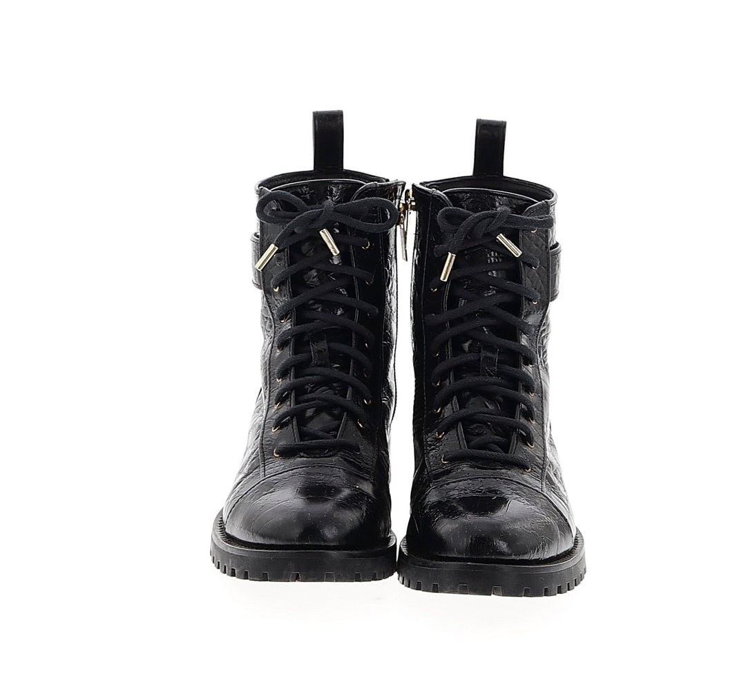 JIMMY CHOO CAYO CROC EMBOSSED CALFSKIN LEATHER COMBAT BOOTS