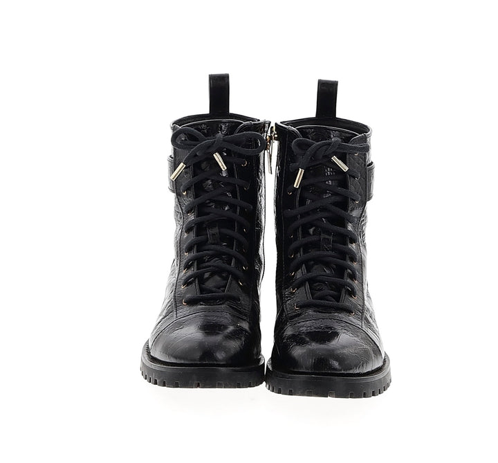 JIMMY CHOO CAYO CROC EMBOSSED CALFSKIN LEATHER COMBAT BOOTS