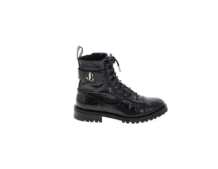 JIMMY CHOO CAYO CROC EMBOSSED CALFSKIN LEATHER COMBAT BOOTS