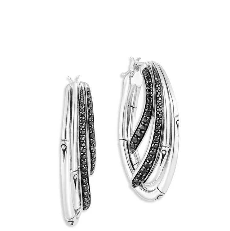 JOHN HARDY STERLING SILVER BLACK SAPPHIRE &amp; SPINEL BAMBOO HOOP EARRINGS