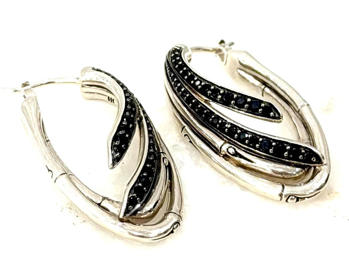 JOHN HARDY STERLING SILVER BLACK SAPPHIRE &amp; SPINEL BAMBOO HOOP EARRINGS