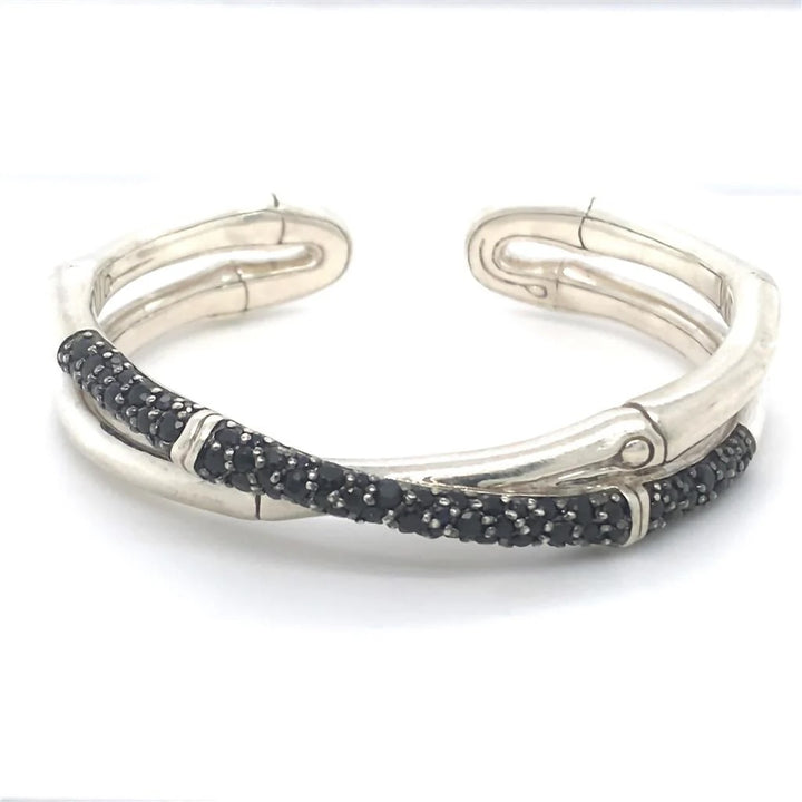 JOHN HARDY STERLING SILVER BLACK SAPPHIRE BAMBOO CROSSOVER BRACELET