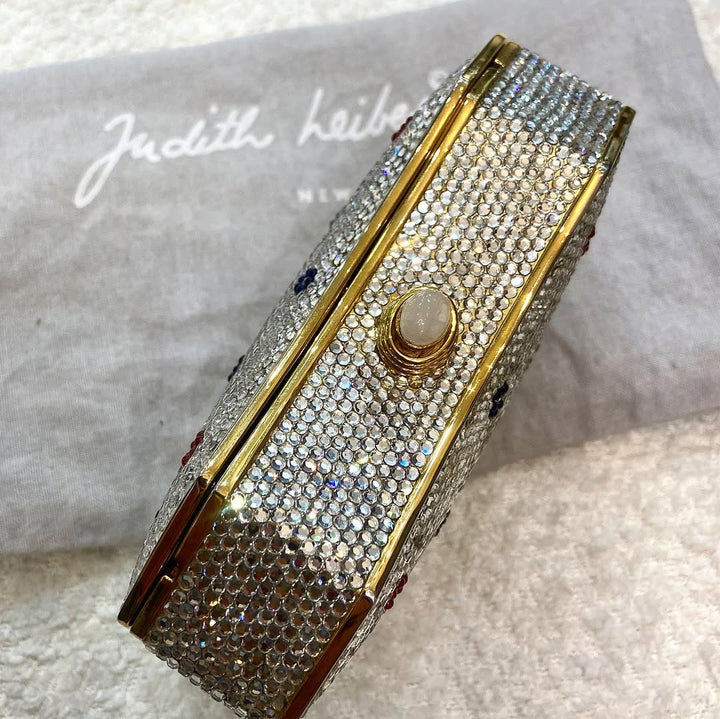 JUDITH LEIBER CRYSTAL GEMSTONE METALLIC CLUTCH BAG W SHOULDER CHAIN