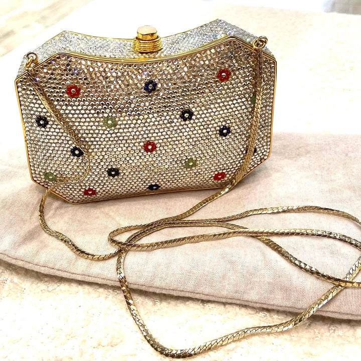 JUDITH LEIBER CRYSTAL GEMSTONE METALLIC CLUTCH BAG W SHOULDER CHAIN