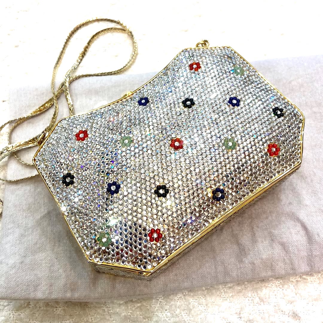 JUDITH LEIBER CRYSTAL GEMSTONE METALLIC CLUTCH BAG W SHOULDER CHAIN