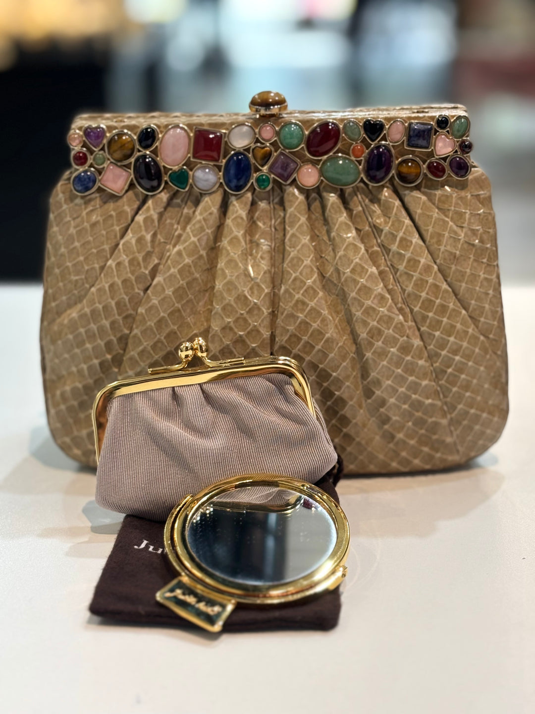 JUDITH LEIBER KARUNG LIZARD SKIN GEMSTONE EMBELLISHED VINTAGE CLUTCH BAG