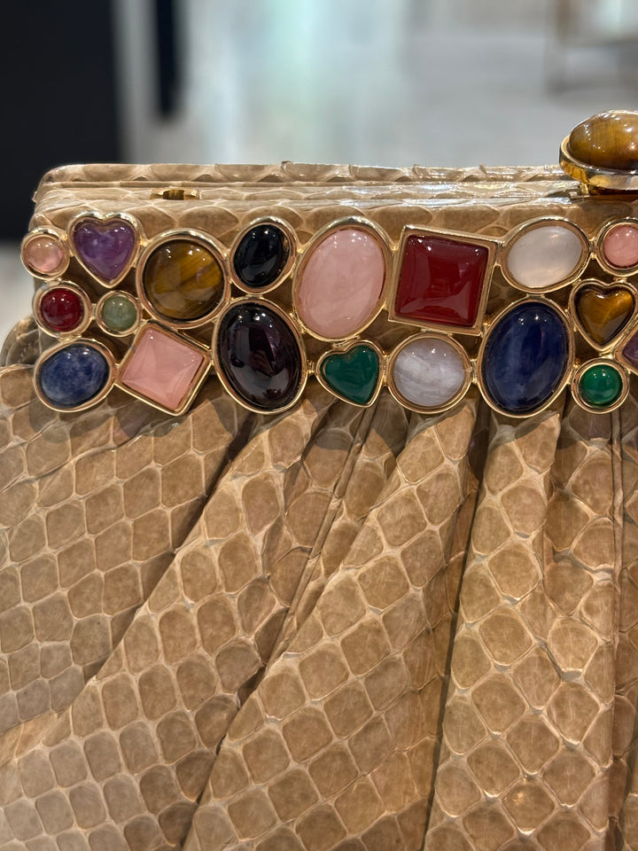 JUDITH LEIBER KARUNG LIZARD SKIN GEMSTONE EMBELLISHED VINTAGE CLUTCH BAG