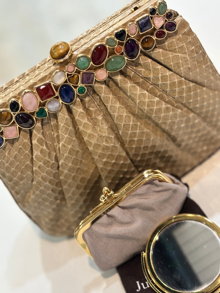 JUDITH LEIBER KARUNG LIZARD SKIN GEMSTONE EMBELLISHED VINTAGE CLUTCH BAG