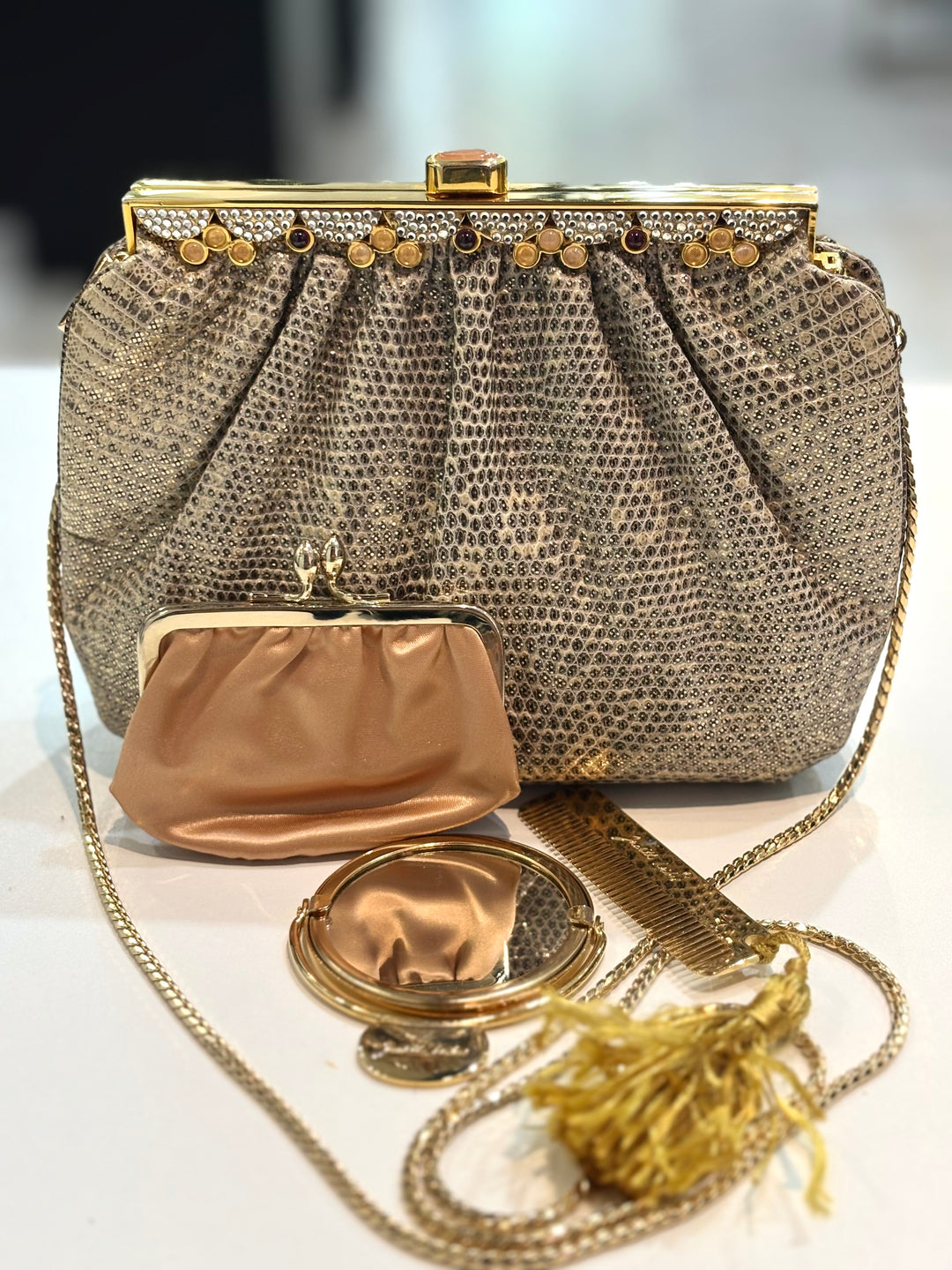 JUDITH LEIBER LIZARD SKIN GEMSTONE EMBELLISHED CHAIN CLUTCH BAG