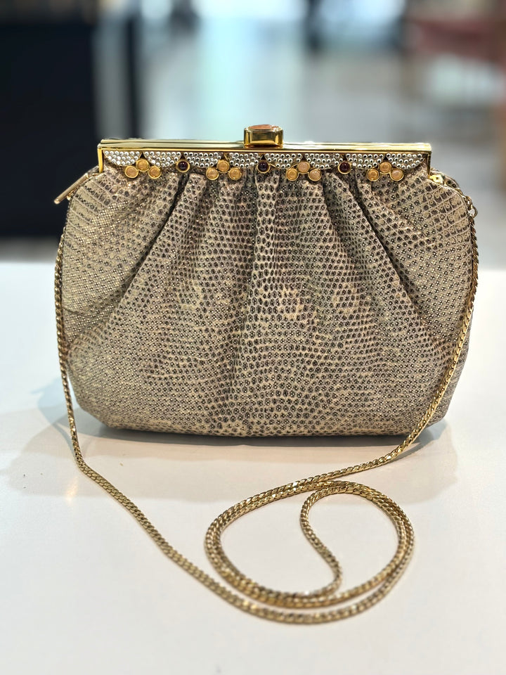 JUDITH LEIBER LIZARD SKIN GEMSTONE EMBELLISHED CHAIN CLUTCH BAG