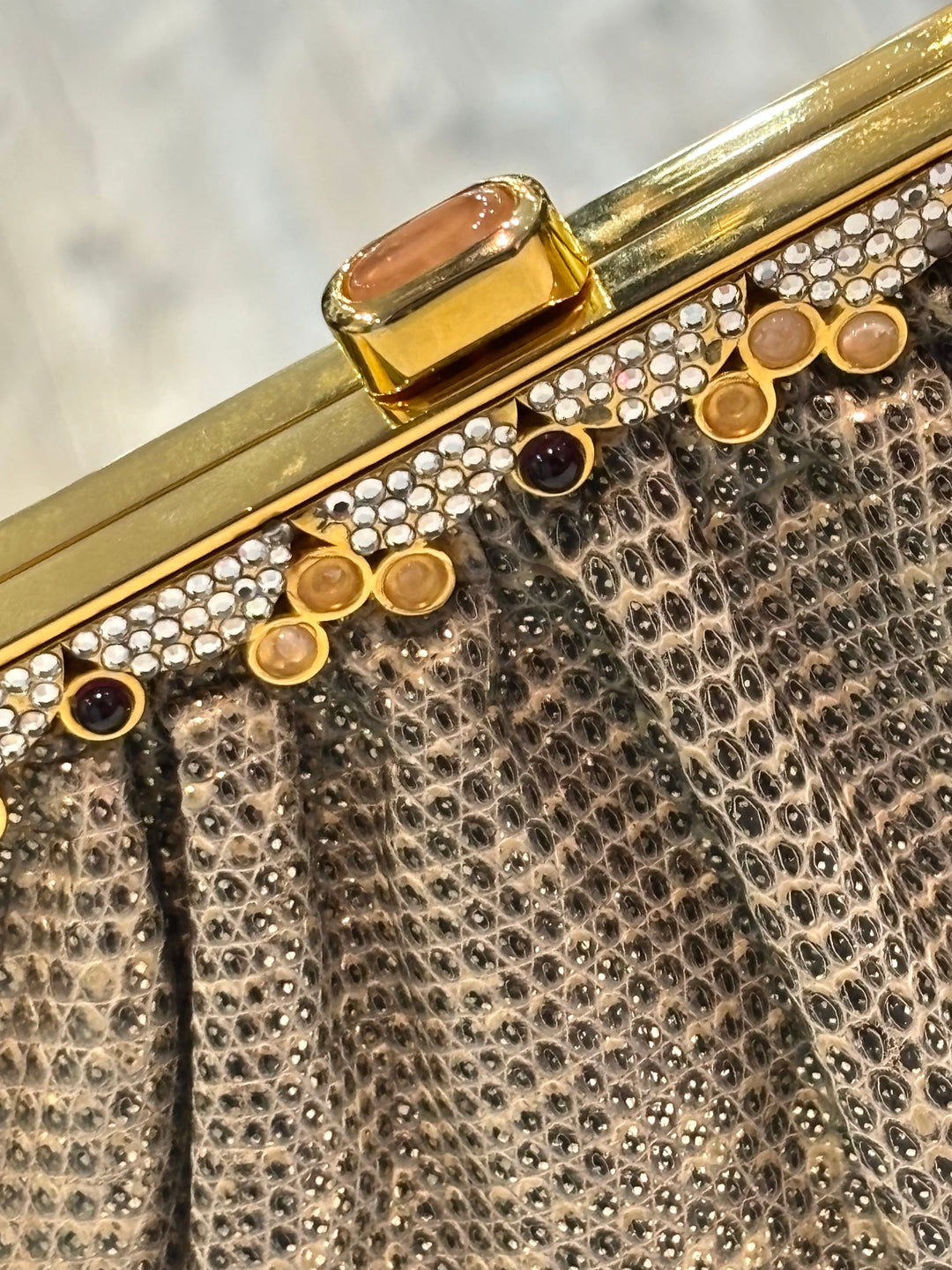 JUDITH LEIBER LIZARD SKIN GEMSTONE EMBELLISHED CHAIN CLUTCH BAG