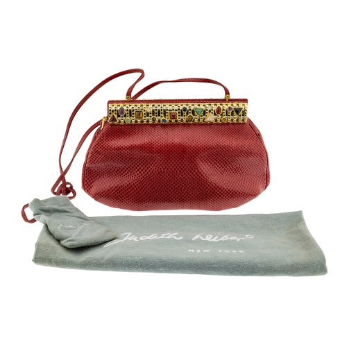 JUDITH LEIBER LIZARD SKIN GEMSTONE EMBELLISHED CLUTCH BAG