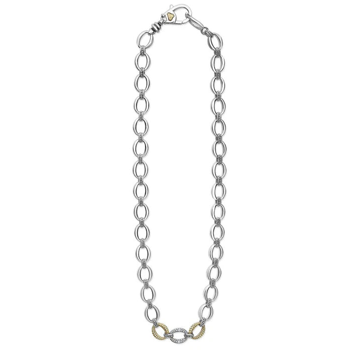 LAGOS CAVIAR LUX SILVER 18K GOLD SINGLE STATION DIAMOND LINK NECKLACE