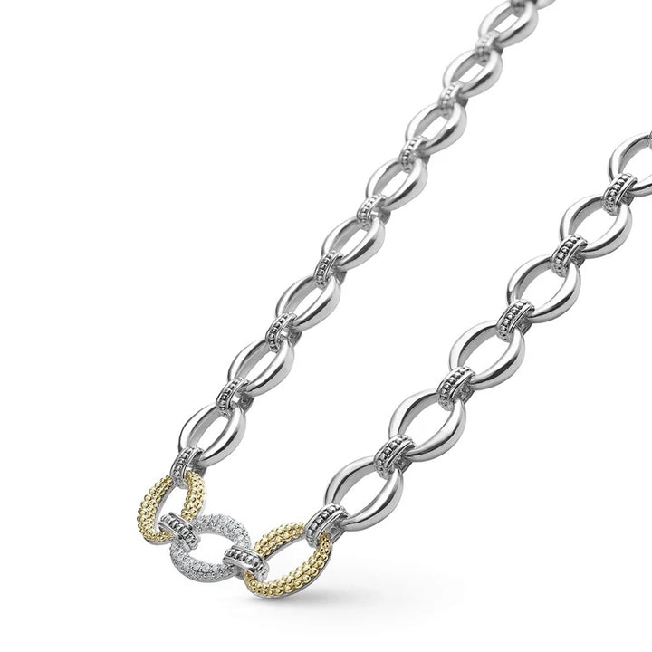 LAGOS CAVIAR LUX SILVER 18K GOLD SINGLE STATION DIAMOND LINK NECKLACE
