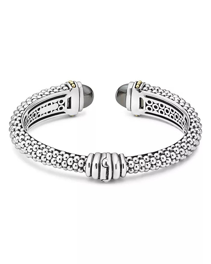 LAGOS STERLING SILVER AND 18K GOLD CAVIAR HEMATITE CUFF BRACELET