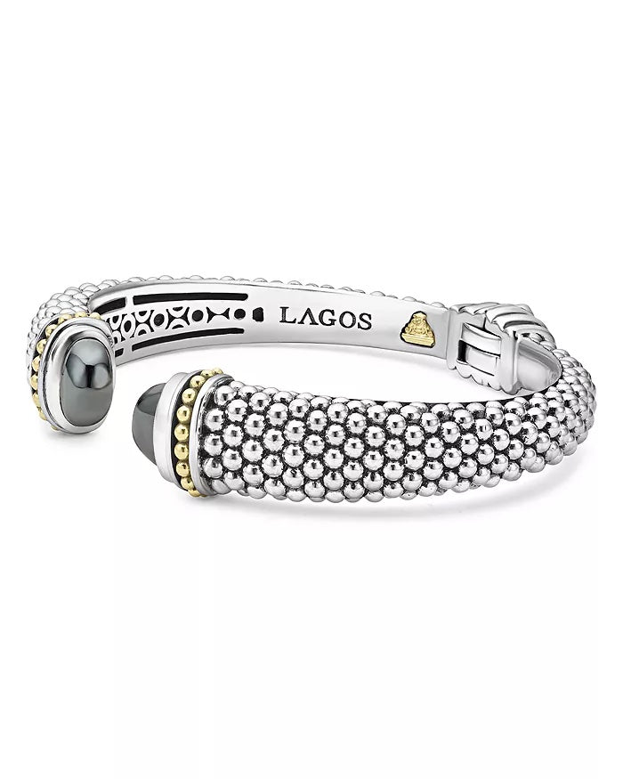 LAGOS STERLING SILVER AND 18K GOLD CAVIAR HEMATITE CUFF BRACELET