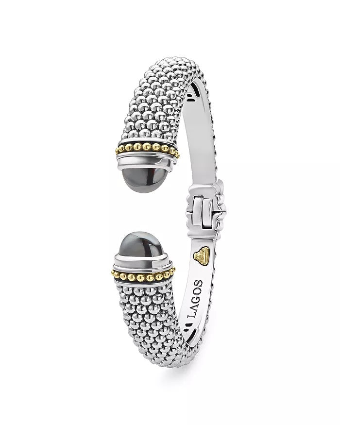 LAGOS STERLING SILVER AND 18K GOLD CAVIAR HEMATITE CUFF BRACELET