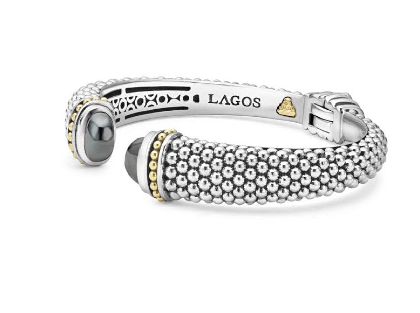 LAGOS STERLING SILVER AND 18K GOLD CAVIAR HEMATITE CUFF BRACELET