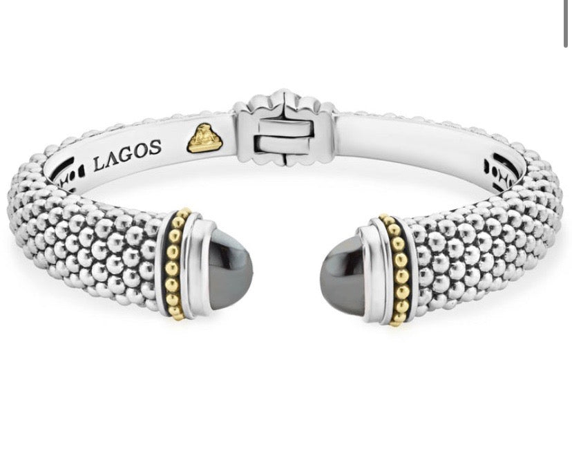 LAGOS STERLING SILVER AND 18K GOLD CAVIAR HEMATITE CUFF BRACELET