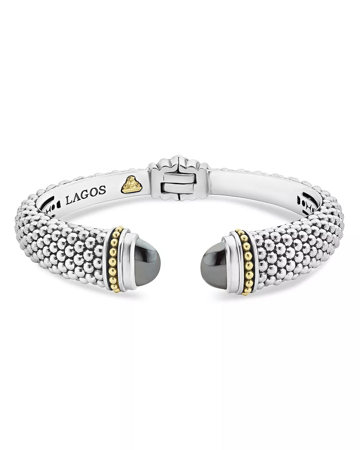 LAGOS STERLING SILVER AND 18K GOLD CAVIAR HEMATITE CUFF BRACELET