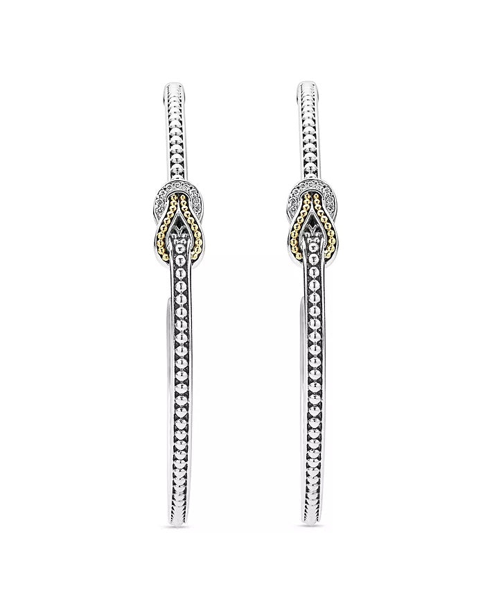 LAGOS 18K GOLD &amp; STERLING SILVER NEWPORT DIAMOND KNOT HOOP EARRINGS