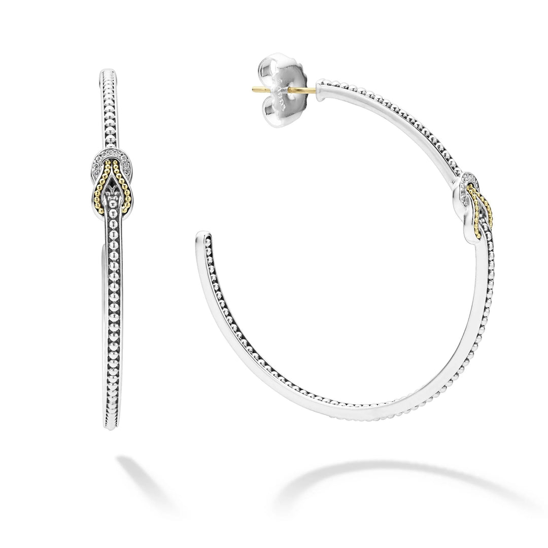 LAGOS 18K GOLD &amp; STERLING SILVER NEWPORT DIAMOND KNOT HOOP EARRINGS