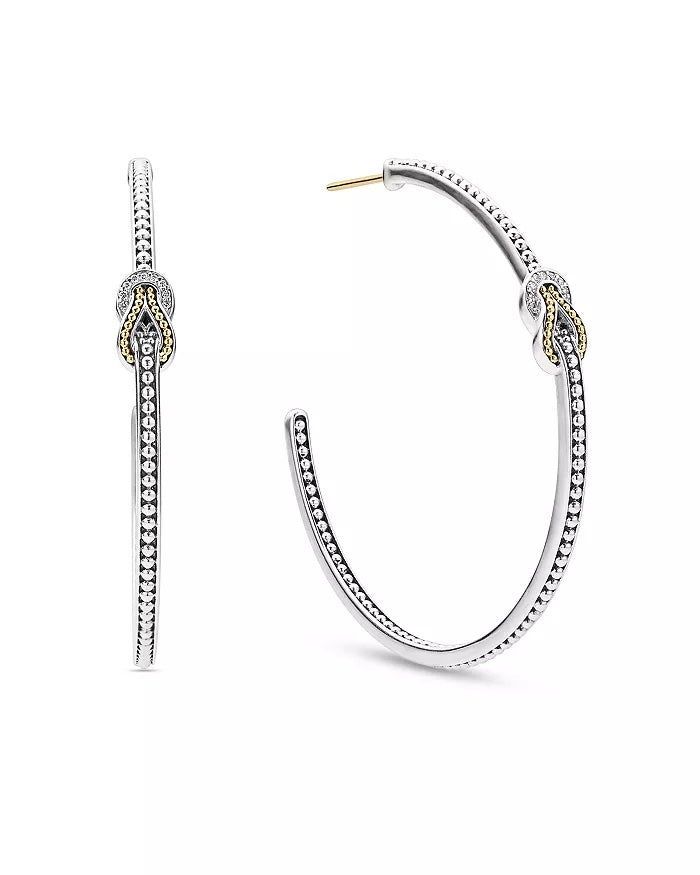LAGOS 18K GOLD &amp; STERLING SILVER NEWPORT DIAMOND KNOT HOOP EARRINGS