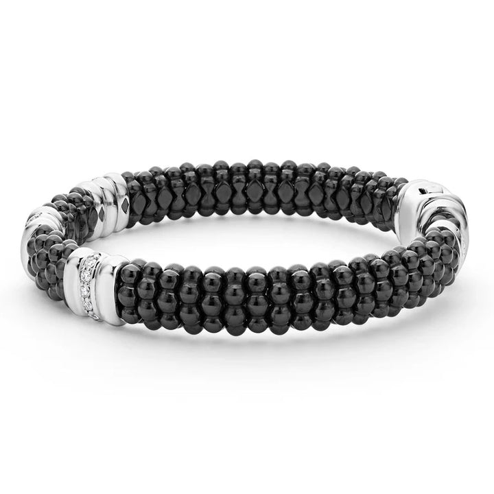 LAGOS BLACK CAVIAR THREE STATION CERAMIC SS DIAMOND 9MM BRACELET
