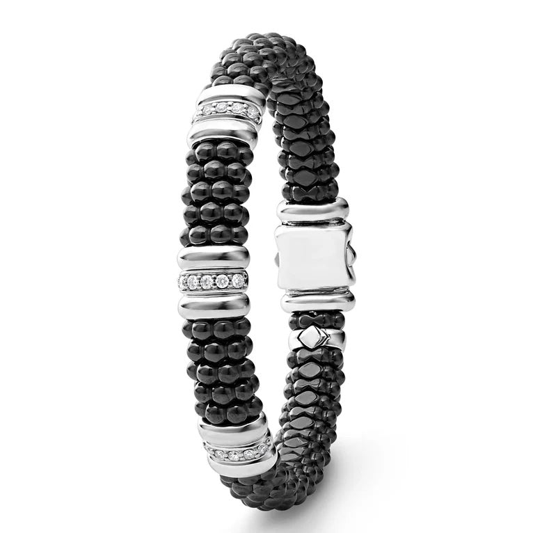 LAGOS BLACK CAVIAR THREE STATION CERAMIC SS DIAMOND 9MM BRACELET