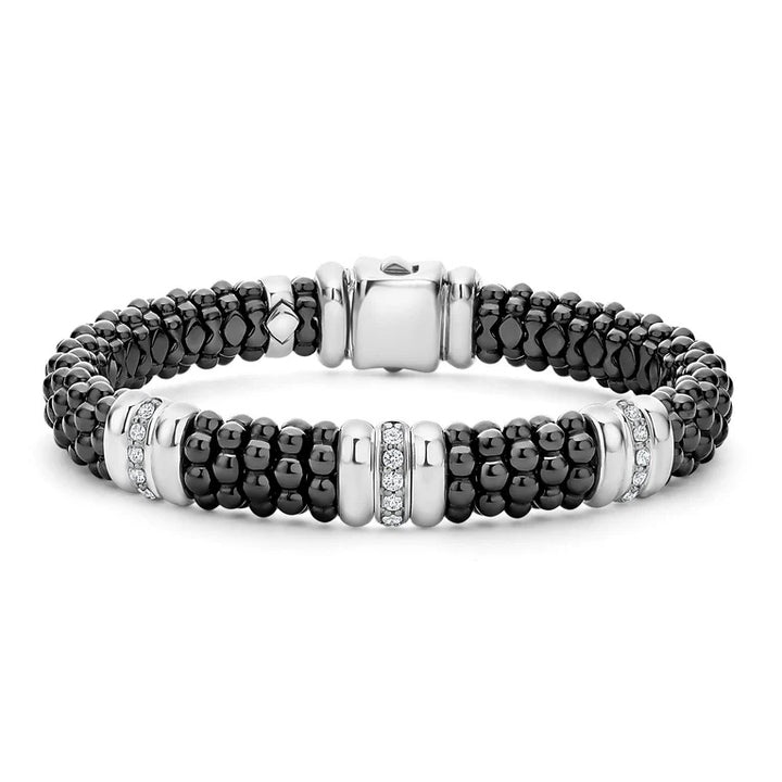 LAGOS BLACK CAVIAR THREE STATION CERAMIC SS DIAMOND 9MM BRACELET