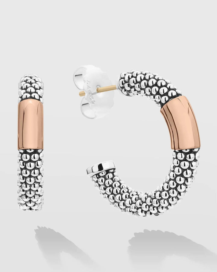 LAGOS CAVIAR TWO-TONE SILVER ROSE GOLD HIGH BAR 28MM HOOP EARRINGS