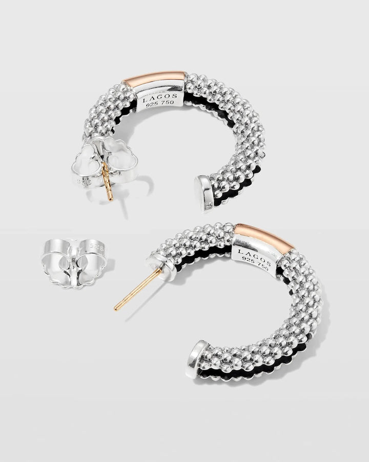LAGOS CAVIAR TWO-TONE SILVER ROSE GOLD HIGH BAR 28MM HOOP EARRINGS