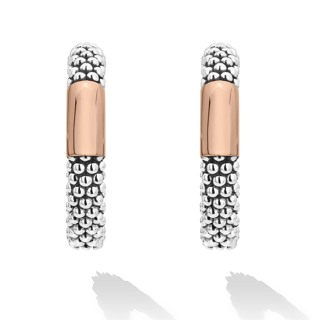 LAGOS CAVIAR TWO-TONE SILVER ROSE GOLD HIGH BAR 28MM HOOP EARRINGS