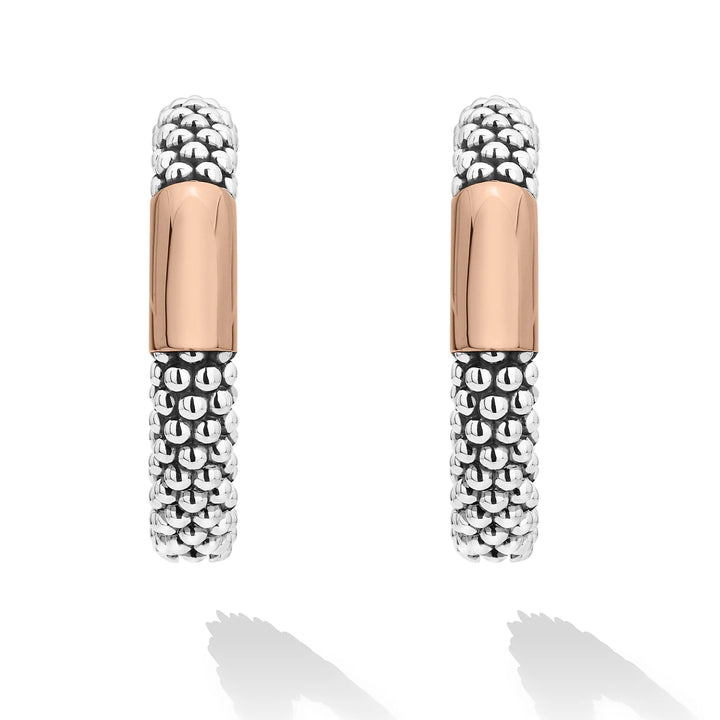 LAGOS CAVIAR TWO-TONE SILVER ROSE GOLD HIGH BAR 28MM HOOP EARRINGS