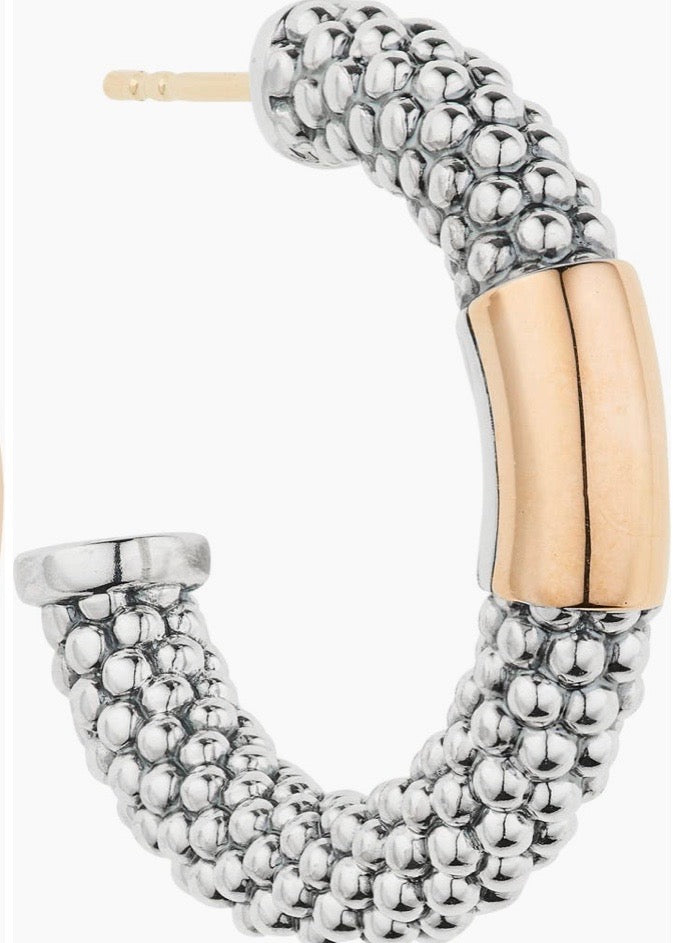 LAGOS CAVIAR TWO-TONE SILVER ROSE GOLD HIGH BAR 28MM HOOP EARRINGS