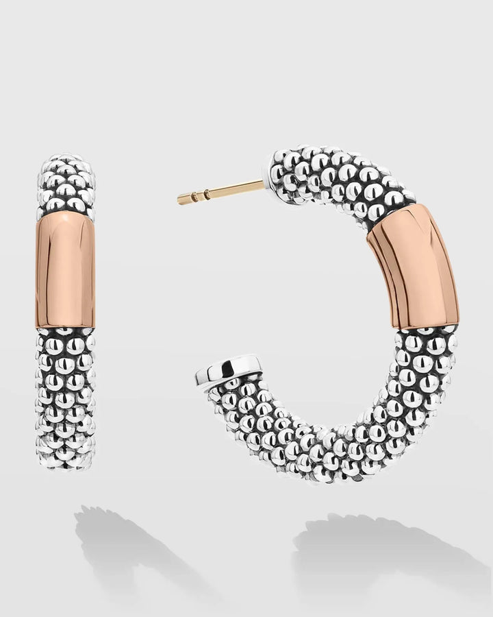 LAGOS CAVIAR TWO-TONE SILVER ROSE GOLD HIGH BAR 28MM HOOP EARRINGS