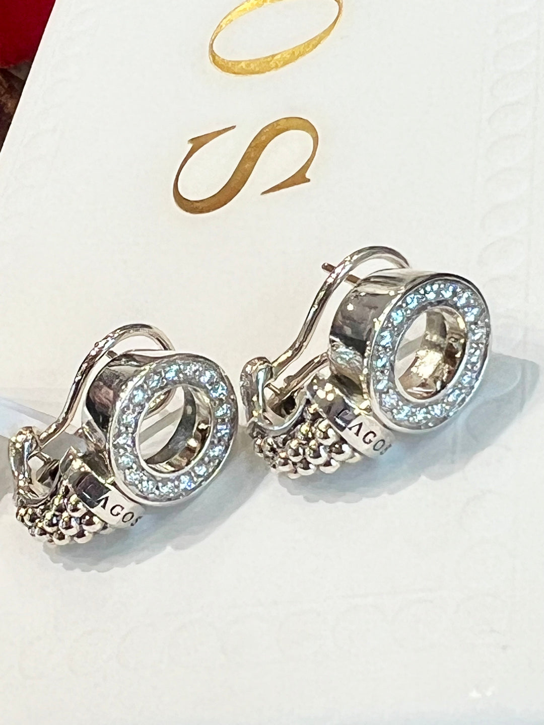 LAGOS CAVIAR SPARK DIAMOND 13MM CIRCLE OMEGA CLIP EARRINGS