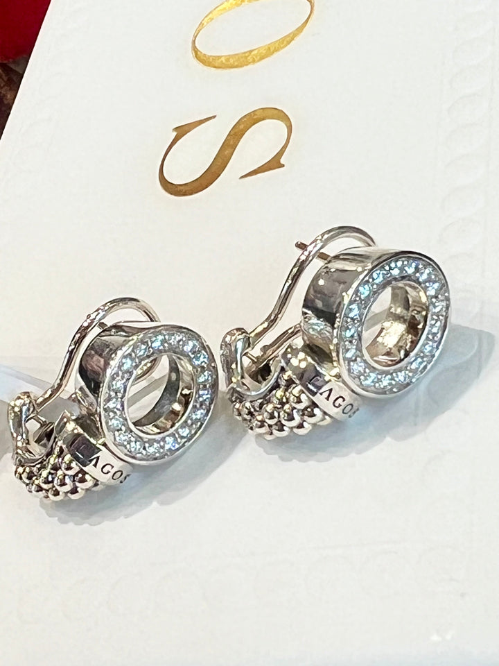 LAGOS CAVIAR SPARK DIAMOND 13MM CIRCLE OMEGA CLIP EARRINGS