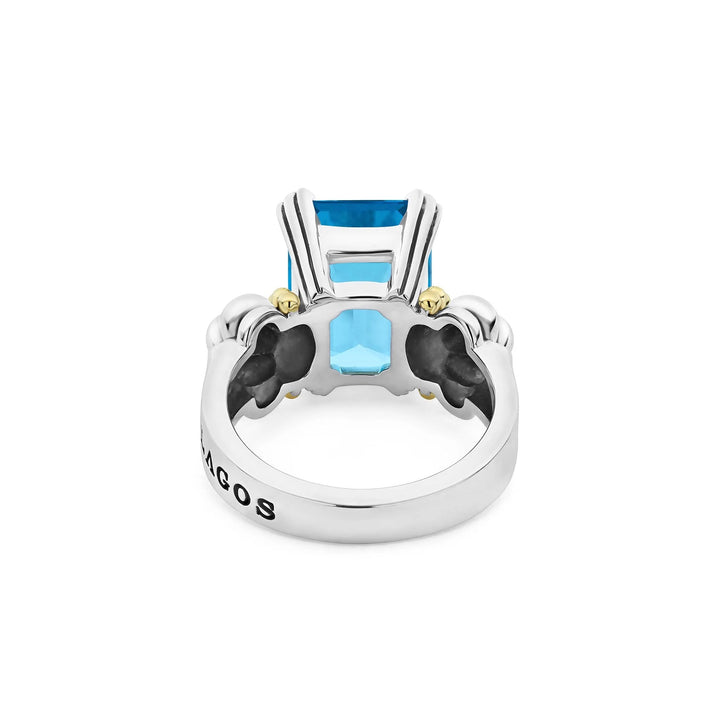 LAGOS GLACIER MEDIUM EMERALD CUT SWISS BLUE TOPAZ SILVER 18K GOLD RING