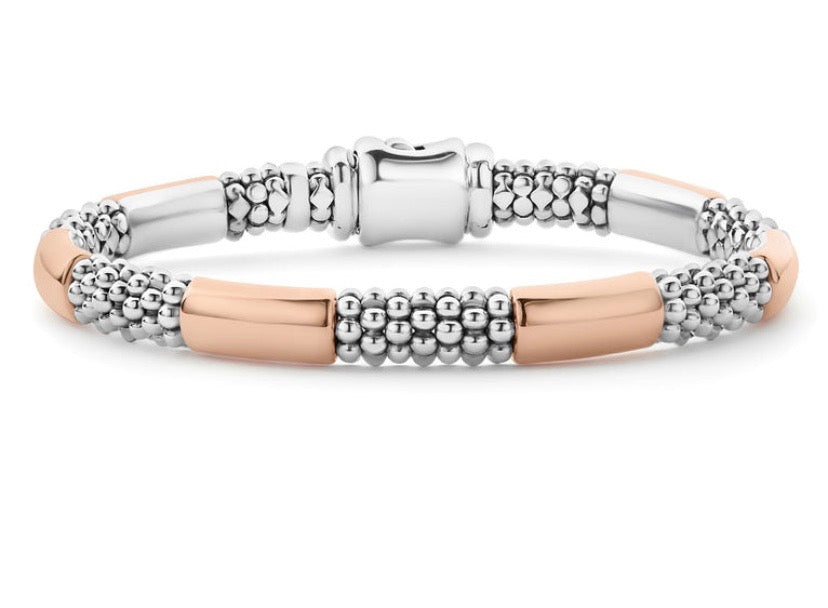 LAGOS HIGH BAR TWO-TONE SILVER ROSE GOLD 6MM CAVIAR BRACELET